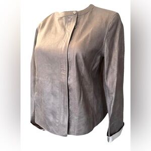 AKRIS Pearlized Silver Leather Jacket w/ Round Neck Collar Snap & Zipper Closure
